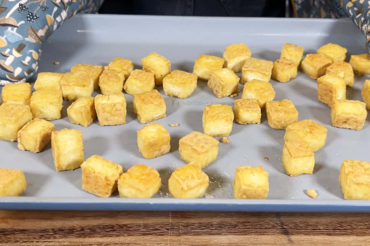 baked tofu on baking sheet